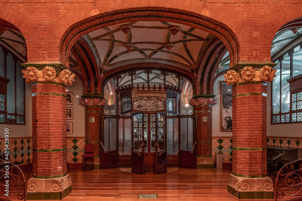 Barcelona, Spain - Feb 24, 2020: Inside entrance gate in Catalonia Music Hall