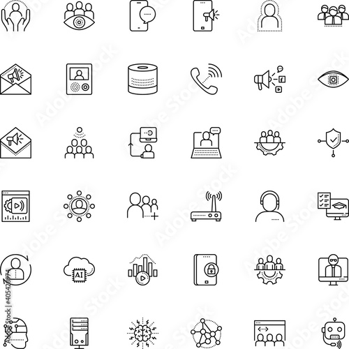 communication vector icon set such as: inspiration, advertising, psychology, collaboration, money, study, helpline, player, broadcast, teleworking, secretary, mental, answer, operator, care
