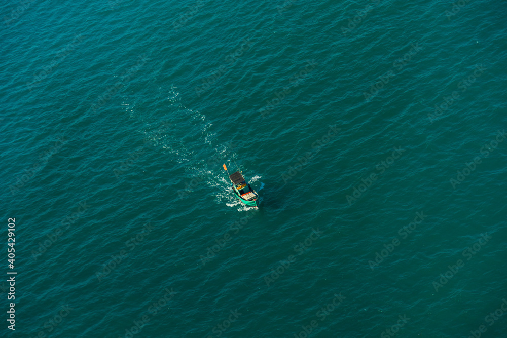 Aerial view of traditional fishermen boats lined in An Thoi harbor of Duong Dong town in the popular Phu Quoc island, Vietnam, Asia.