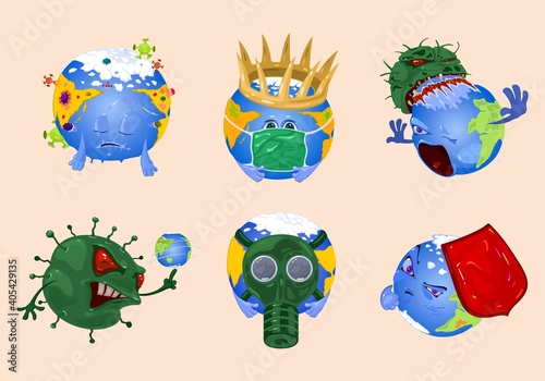 Collection of planet pandemic period on earth, infection spread worldwide, suffer from illness and covid flu. Vector coronavirus and germs attack idea isolated on beige background