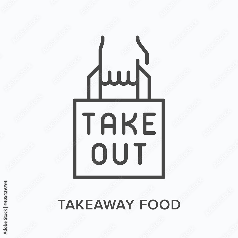 Takeaway food flat line icon. Vector outline illustration of hand and paper bag. Black thin linear pictogram for take out meal packaging