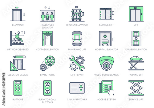 Elevator line icons. Vector illustration included icon - service lift, parking, disabled cabin, security camera, access buttons outline pictogram. 64x64 Green Color Editable Stroke