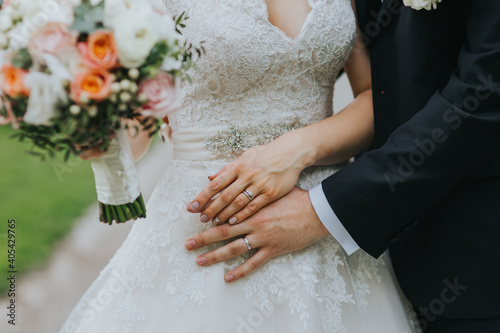 Beautiful vintage style wedding bouquet in hands of the bride. 