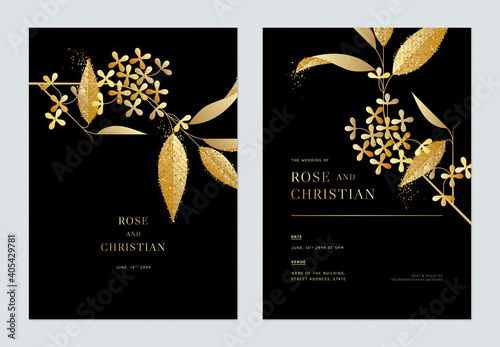 Floral wedding invitation card template design, golden Osmanthus fragrans flo...