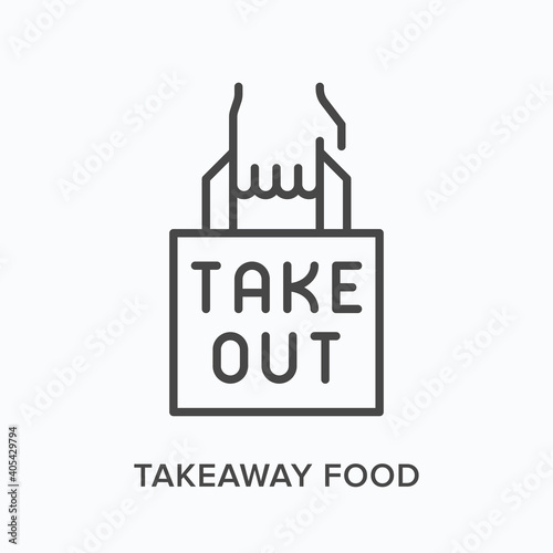 Takeaway food flat line icon. Vector outline illustration of hand and paper bag. Black thin linear pictogram for take out meal packaging