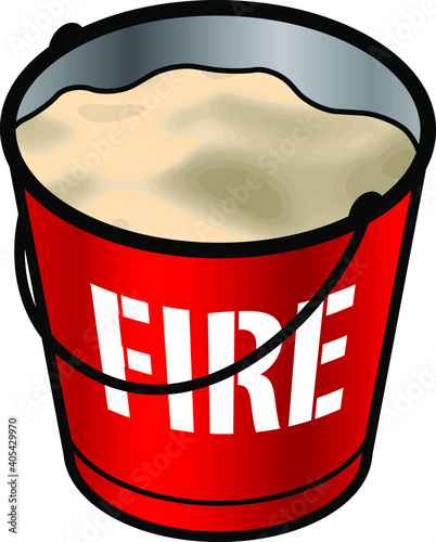 A red fire bucket filled with sand.