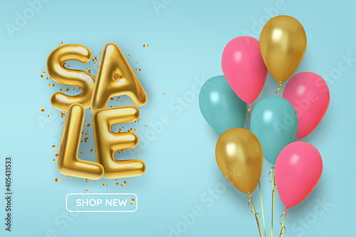Discount promotion sale made of realistic 3d gold balls with pink and gold balloons. Vector