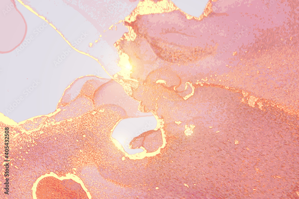 Fototapeta premium Rose and gold pattern with texture of stone and sparkles. Abstract vector background in alcohol ink technique. Modern paint with glitter. Template for banner, poster design. Fluid art painting