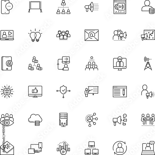 communication vector icon set such as: ux, mind, asynchronous, chart, show, search, emotional, asynchronous learning, gear, like, wave, coach, station, desktop, landing, responsive, quality, upload