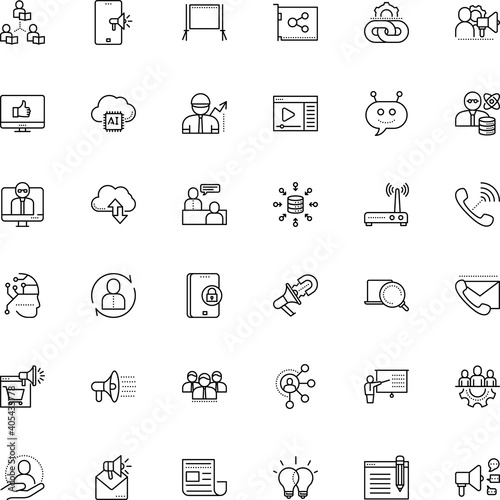 communication vector icon set such as: referral, agitation, minimalistic, like, relations, card, grid, empathy, e learning and education, data aggregation, demonstration, and, webinar, window
