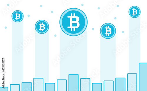 上昇する仮想通貨ビットコインのロゴ入りコインと棒グラフ - BTC・値上がり・高騰イメージの水色