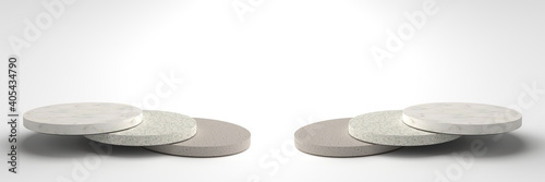 3D rendering of Round marble Pedestal is overlapping, Podium for display product on the white floor. Pedestal can be used for advertising, Isolated on white background, Minimalist white, illustration.