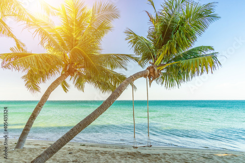 Fototapeta Naklejka Na Ścianę i Meble -  Chairs and umbrella In palm beach - Tropical holiday banner. White sand and coco palms travel tourism wide panorama background concept and swing under tree