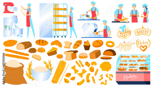 Bakery, pastry equipment, bread food isolated icons set of vector illustrations. Sweet pastries products, ingredients, bakers knedling dough, flour and baking business. Oven, workers, production.