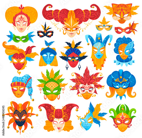 Masquerade venice masks set of isolated vector illustration. Carnival masque icons, colorful ornate, decoration, accessory and anonymous masks. Venetian fashion costumes festival.