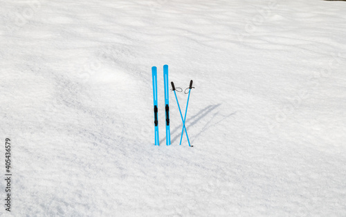 Miniature ski in fluffy snow (ID: 405436579)