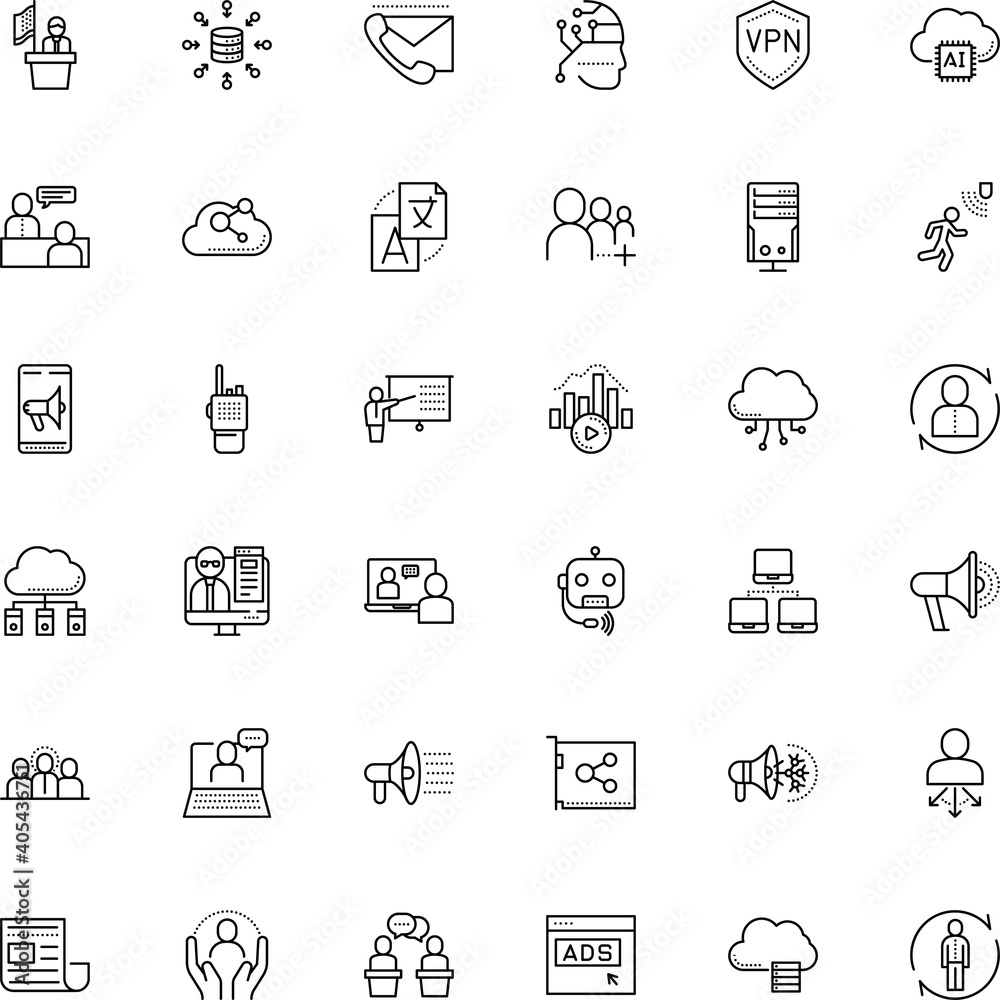 communication vector icon set such as: understand, data aggregation, currently, announcement, foreign, ui, science, dictionary, president, newspaper, protection, ceo, content, scream, frequency, menu
