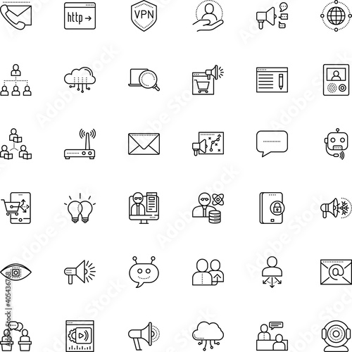 communication vector icon set such as: vision, look, success, ecommerce, asynchronous learning, experience, psychotherapy, interview, reading, innovation, referral, forum, encryption, money, plug