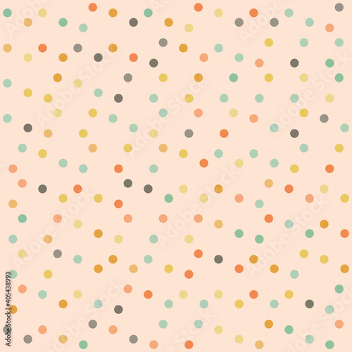 Polka dots vector seamless pattern background. Trendy truchet generative art random multicolor circles on pink backdrop Hand drawn tossed confetti repeat. All over print for baby or summer concept