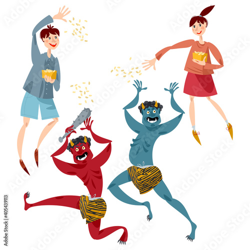 Setsubun (seasonal division). The day before the beginning of spring in the old calendar in Japan. Children throw soybeans to drive away the blue and red demons.