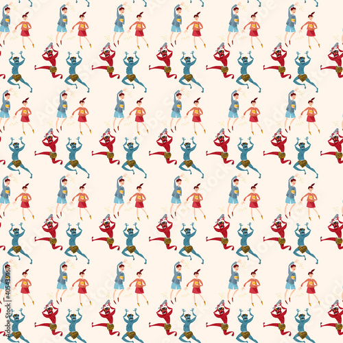 Setsubun (seasonal division). Children throw soybeans to drive away the blue and red demons. Seamless background pattern.