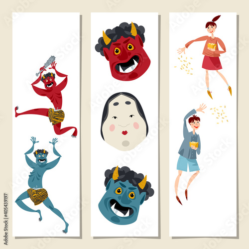 Set of 3 universal vertical banners. Japanese Spring Festival “Setsubun” (seasonal division). Children throw soybeans to drive away blue and red demons. Masks of Demons and Okame.