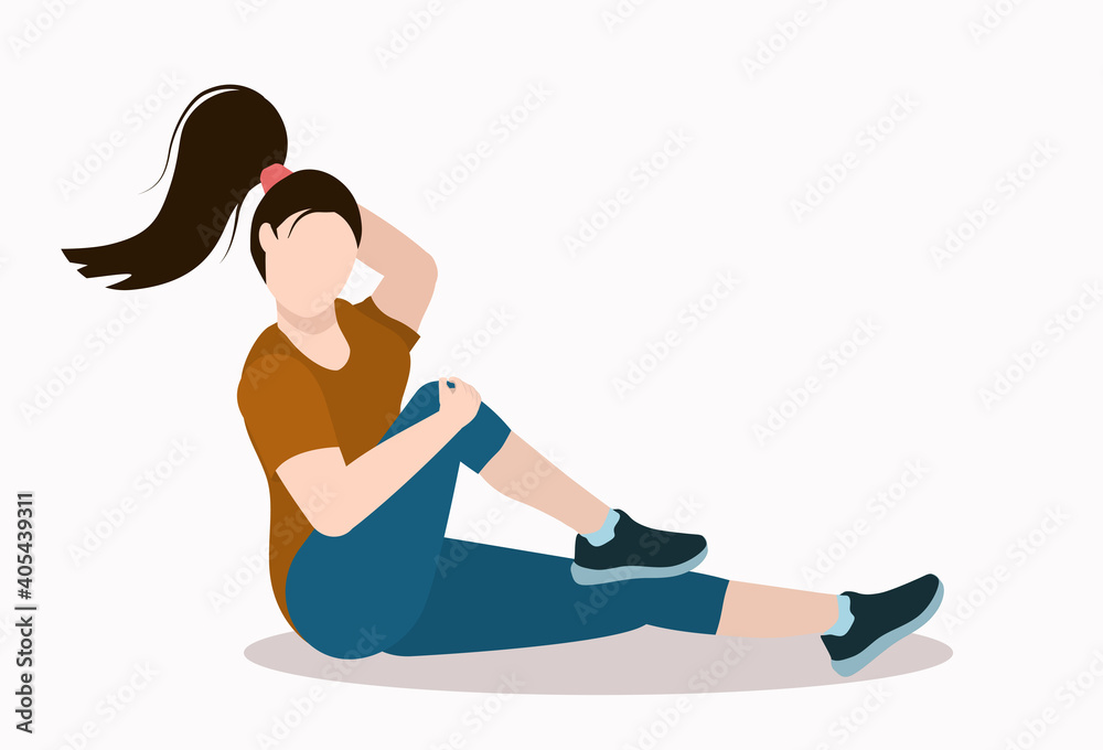 young brunette woman doing sports gymnastics on the floor. The concept of a healthy and active lifestyle. Illustration on a white background young brunette woman doing sports gymnastics on the floor. The concept of a healthy and active lifestyle. Illustration on a white background
