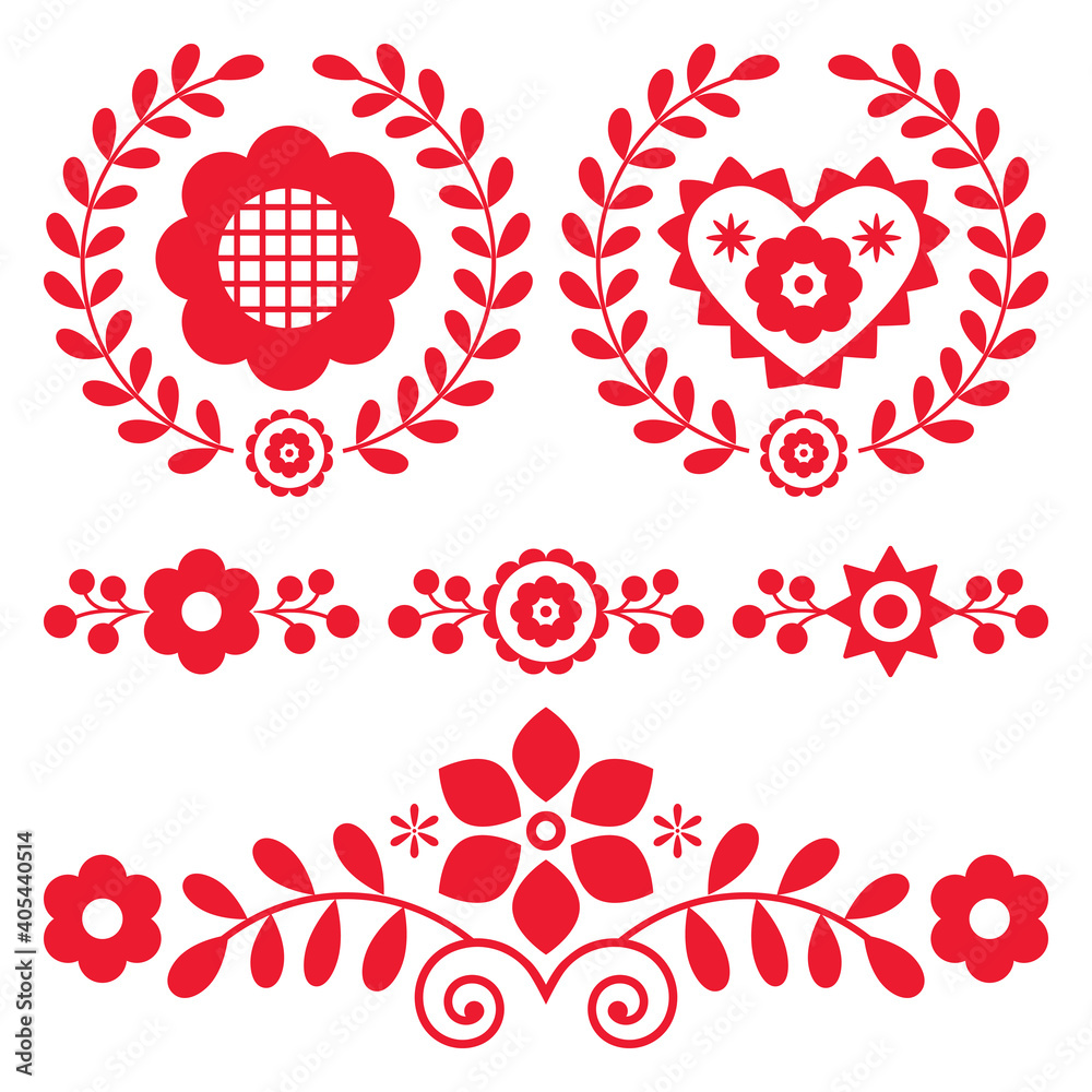 Polish folk art vector wreath design and pattern collection with flowers and hearts - perfect for greeting card or wedding invitation
	