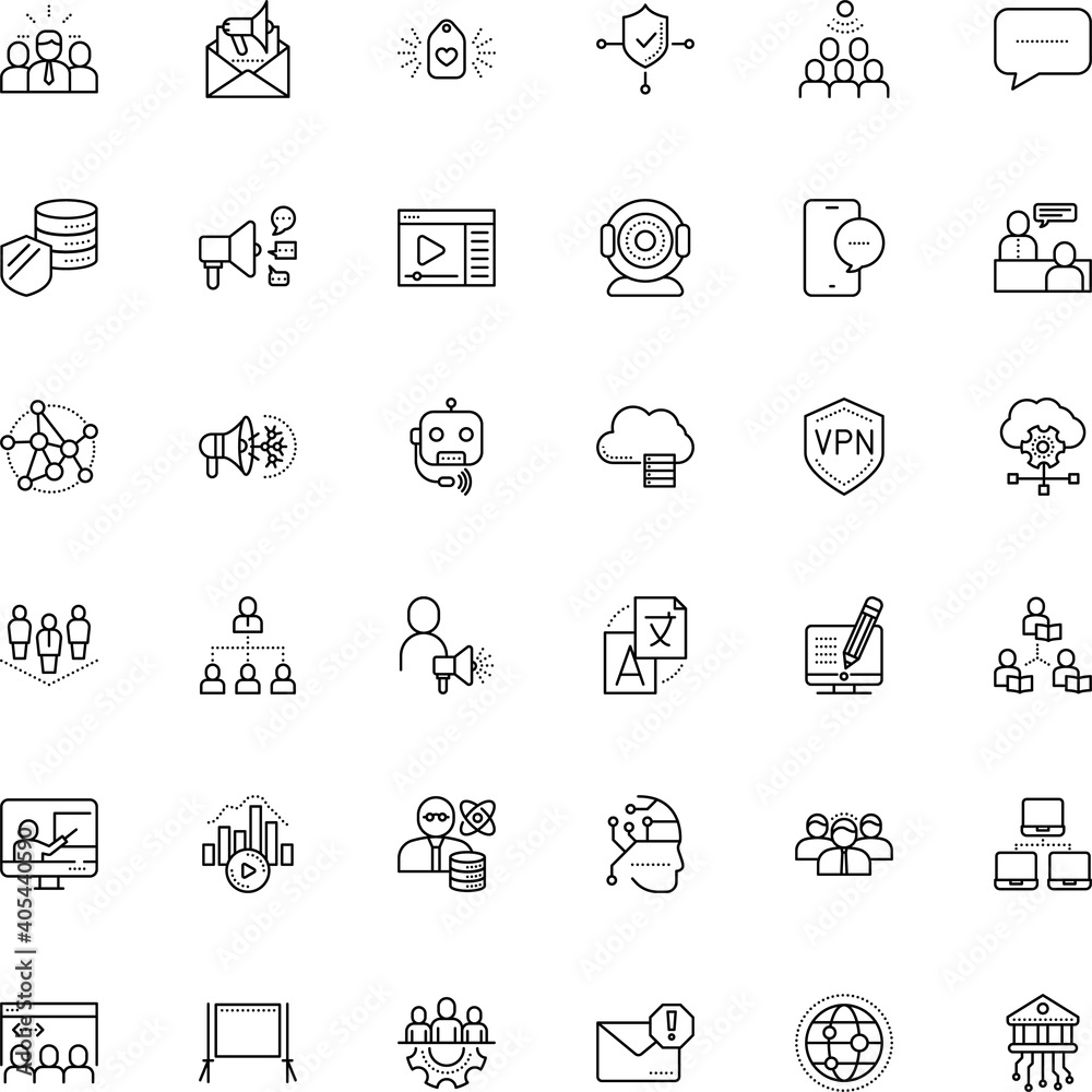communication vector icon set such as: sharing, spam, e-learning, wire, cell, song, ball, stroke, texting, no, resources, post, analyst, firewall, app, chatterbot, photo, grid, attention, movie