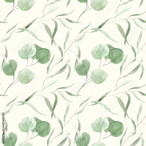 Watercolor seamless pattern. Eucalyptus branches on white background.