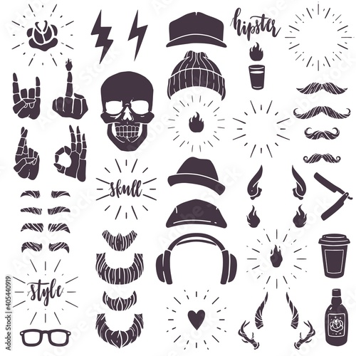 hipster accessories set. hipster skull accessories constructor. Isolated elements on a white background. Component parts of an images. Hipster portraits combining vector collection