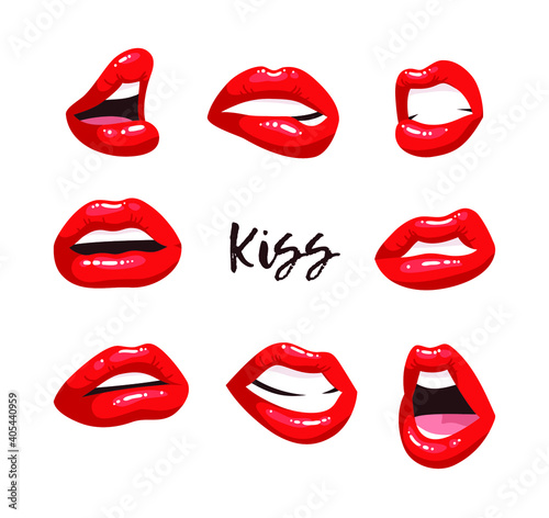 Sexy Female Lips with Red Lipstick. Vector Fashion Illustration Woman Mouth Set. Gestures Collection Expressing Different Emotions