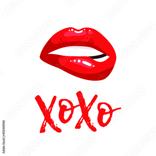 Sexy Female Lips with Red Lipstick. Vector Fashion Illustration Woman Mouth Set.  Gestures Collection Expressing Different Emotions
