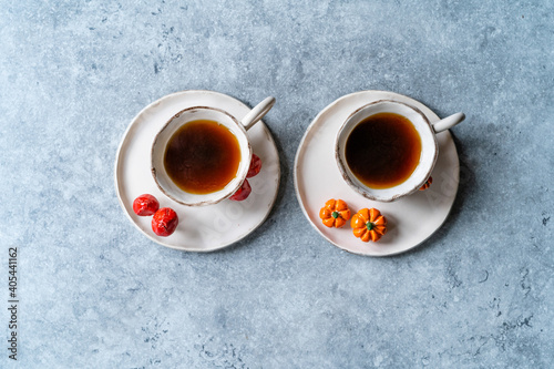 Handmade Ceramic Coffee or Tea Cups with Pumpkin and Mushroom Pattern Figure Design Handcrafted. Handicraft. © Alp Aksoy