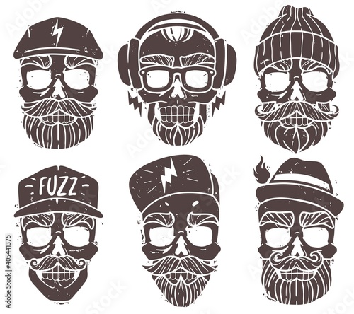 hipster skulls set. hipster skulls set. Silhouette heads vector isolated illustrations. Brutal bearded faces