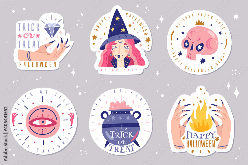 Magic icons doodles emblems. Magical doodles stickers set. Wizards staff with hand drawn spirit halloween vector illustration. Witchcraft occultism design emblems. Perfect for, cards, stickers, prints