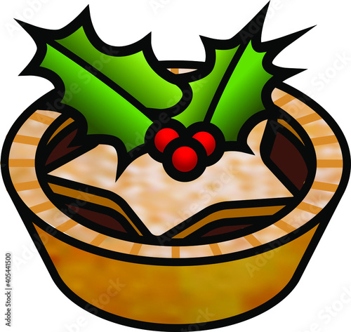 A mince pie decorated with holly leaves and berries.
