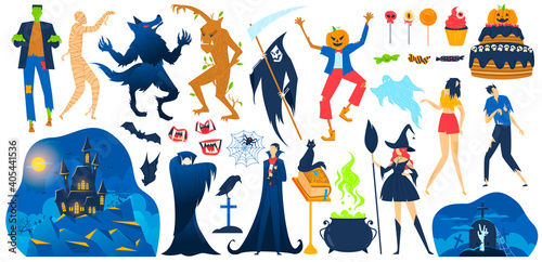 Halloween, saints day holiday scary objects set of vector illustration. Creepy monster, black cat, pumpkin, candle or rip, skull, bat, ghost. Pot and broom. Mystery, horror and All Saints Day.