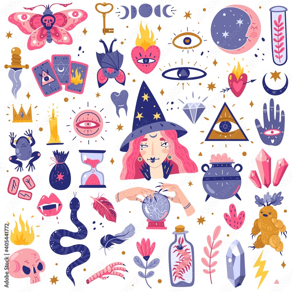 Magic icons doodles set. Magic witch icons set. Hand drawn, doodle, sketch style vector illustration. Witchcraft occultism design elements. Perfect for, cards, stickers, prints