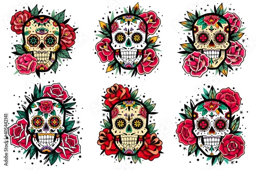 Mexican skull old school roses set. Mexican skulls set. Vector illustration. Dia de los muertos shugar colorful heads.