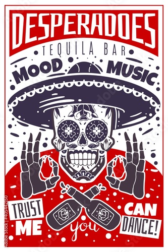 Mexican skull poster. Tequila bar mexican skull poster. Vector desperado vertical illustration. Sombrero head with skeleton hands with flames and bottles