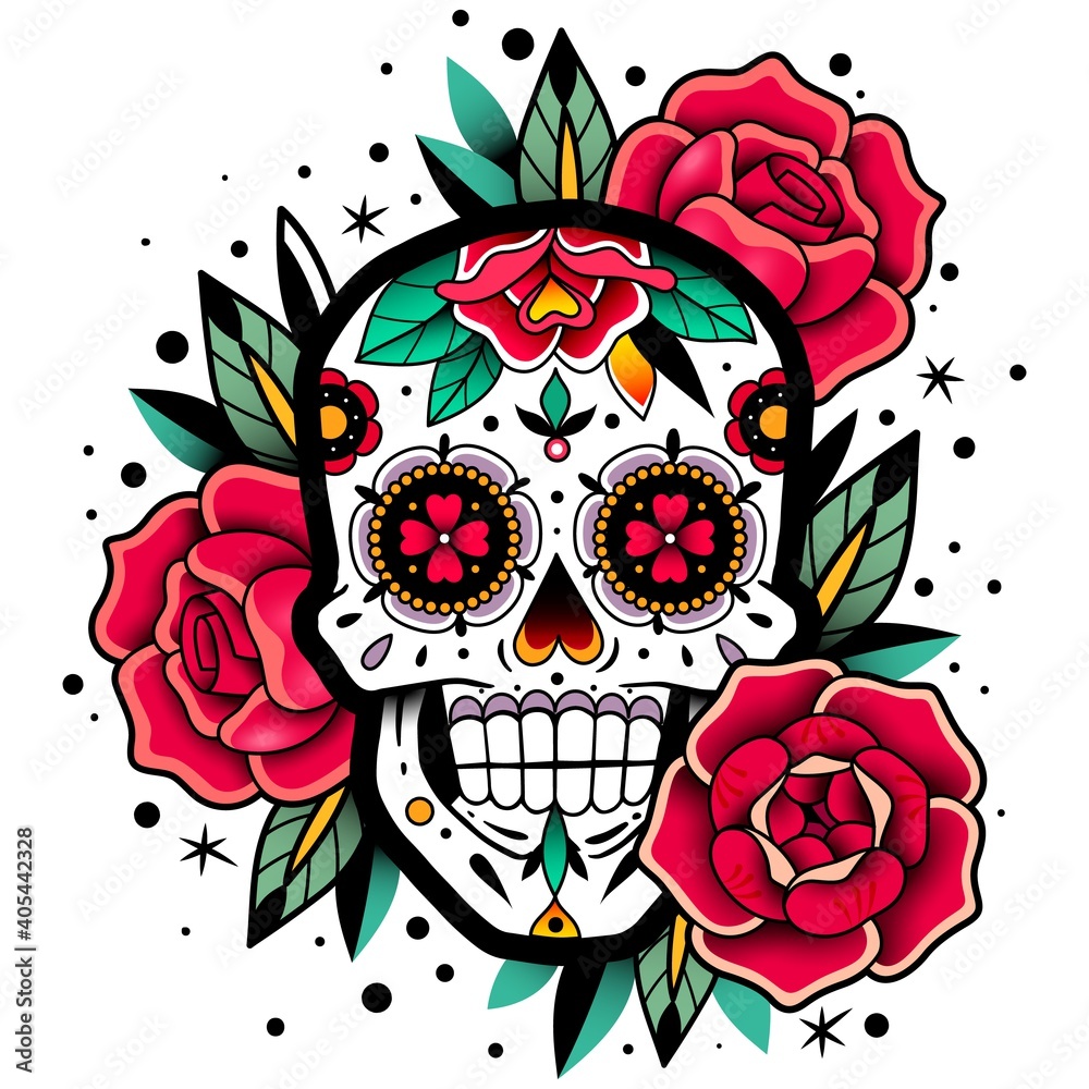 Mexican roses skull. Mexican roses skull. Vector illustration. Dia de los  muertos shugar colorful head. Stock-Vektorgrafik | Adobe Stock