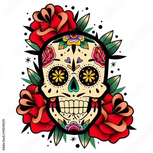 Mexican roses skull. Mexican roses skull. Vector illustration. Dia de los muertos shugar colorful head.