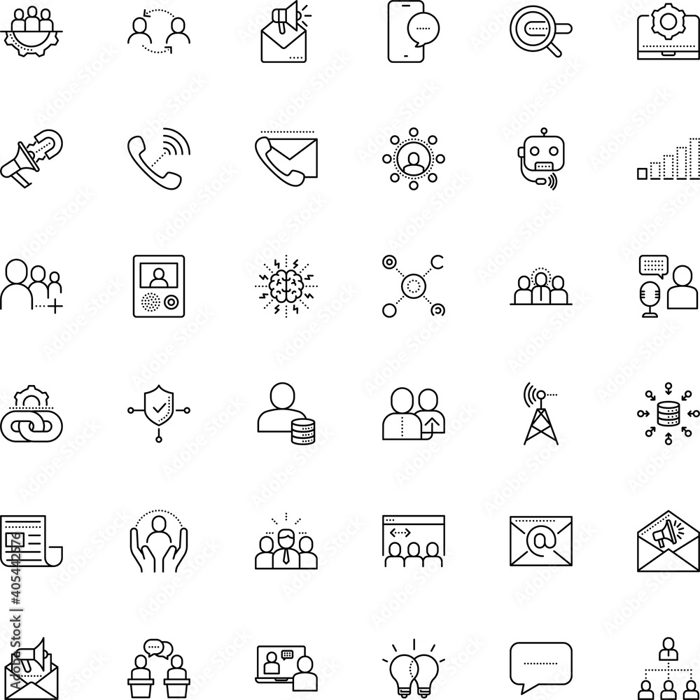 communication vector icon set such as: force, video, recommendation, audio, guideline, graph, app, sharing, distance, inbound, intellect, android, control, bullhorn, engine, magnet