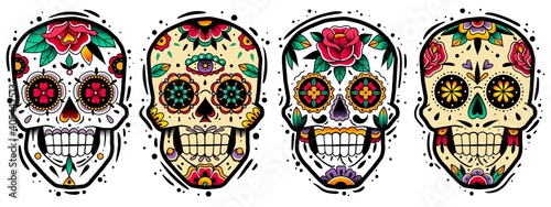Mexican skulls set. Mexican skulls set. Vector illustration. Dia de los muertos shugar colorful heads. photo