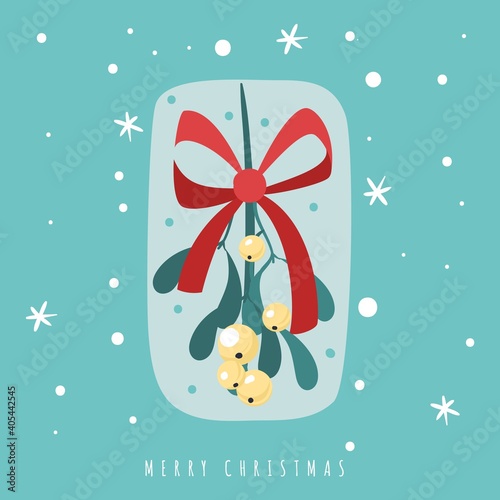 New Year Poster. A sprig of mistletoe with a bow Poster. Vector illustration. Christmas element