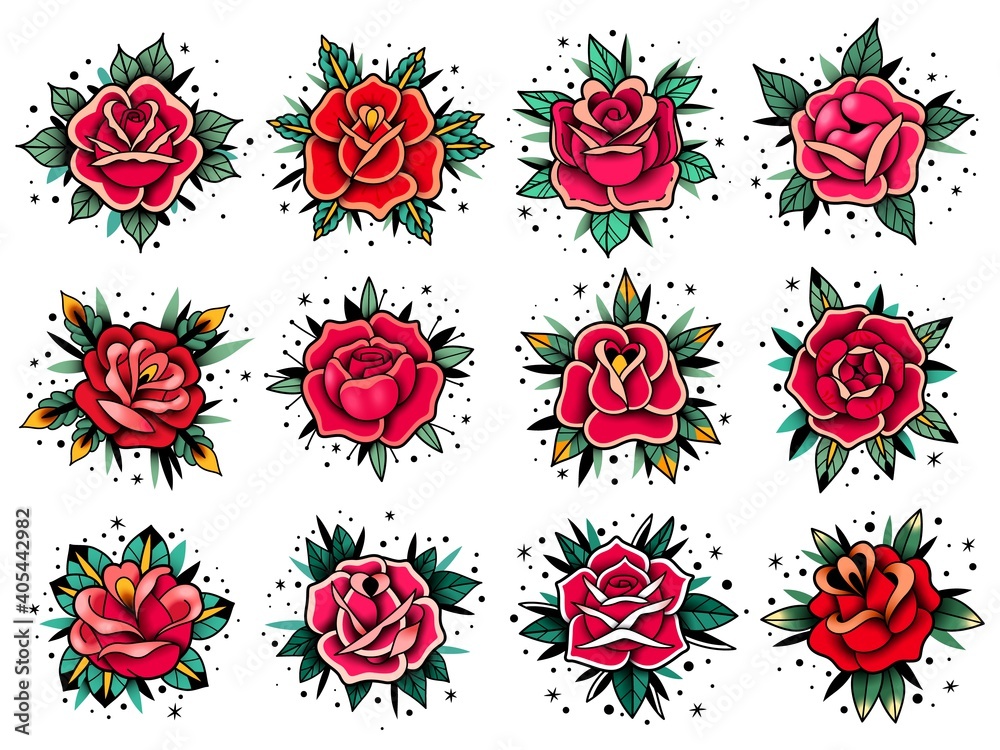 old school tattoo roses collection. Old school tattoo roses set. Vector elements collection. Traditional american tattoo flowers.