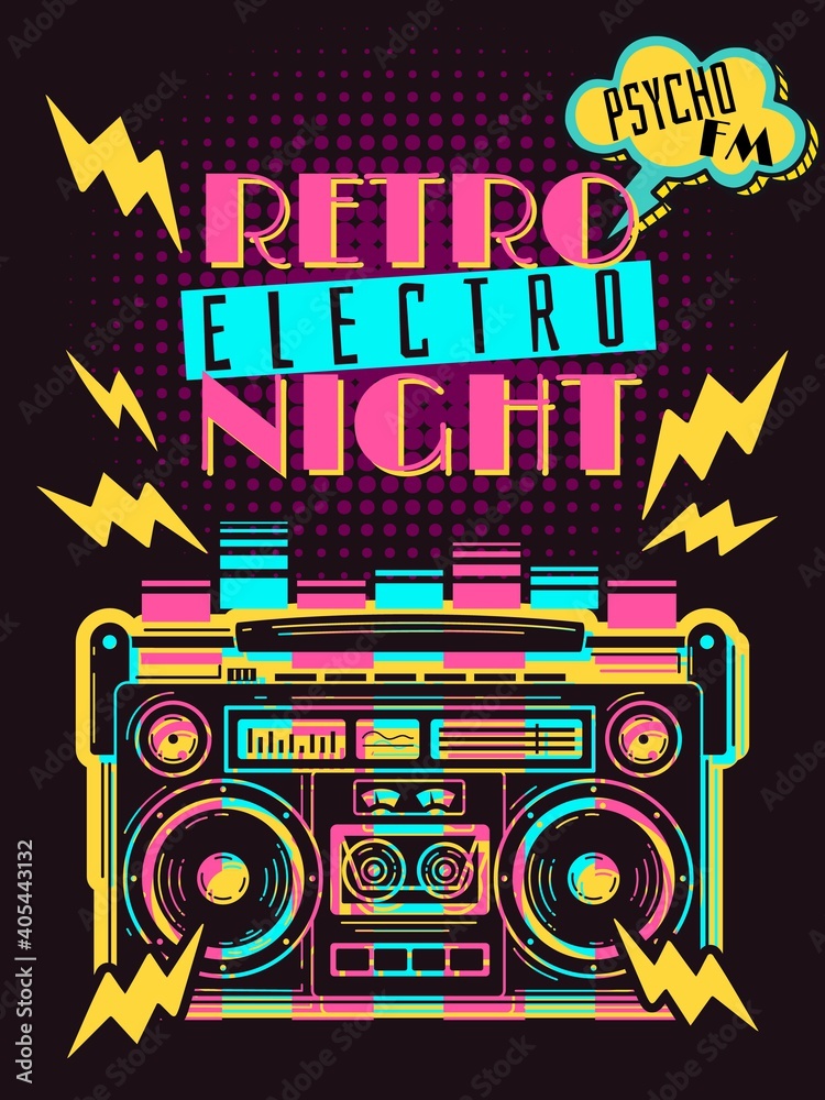 Retro party boombox poster. Retro party boombox poster. Retrowave music vector illustration. Nightclub flyer page template with color stereo recorder