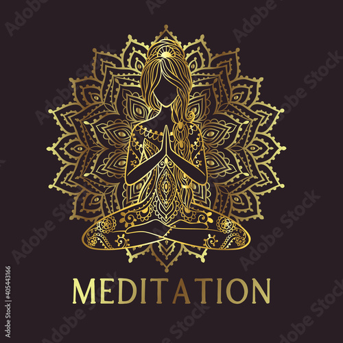 Yoga Girl. Ornamental feminine Vector illustration. Medallion yoga lotus pose india arabic style.