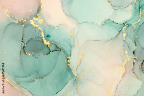 Fototapeta Naklejka Na Ścianę i Meble -  Natural  luxury abstract fluid art painting in alcohol ink technique. Tender and dreamy  wallpaper. Mixture of colors creating transparent waves and golden swirls. For posters, other printed materials